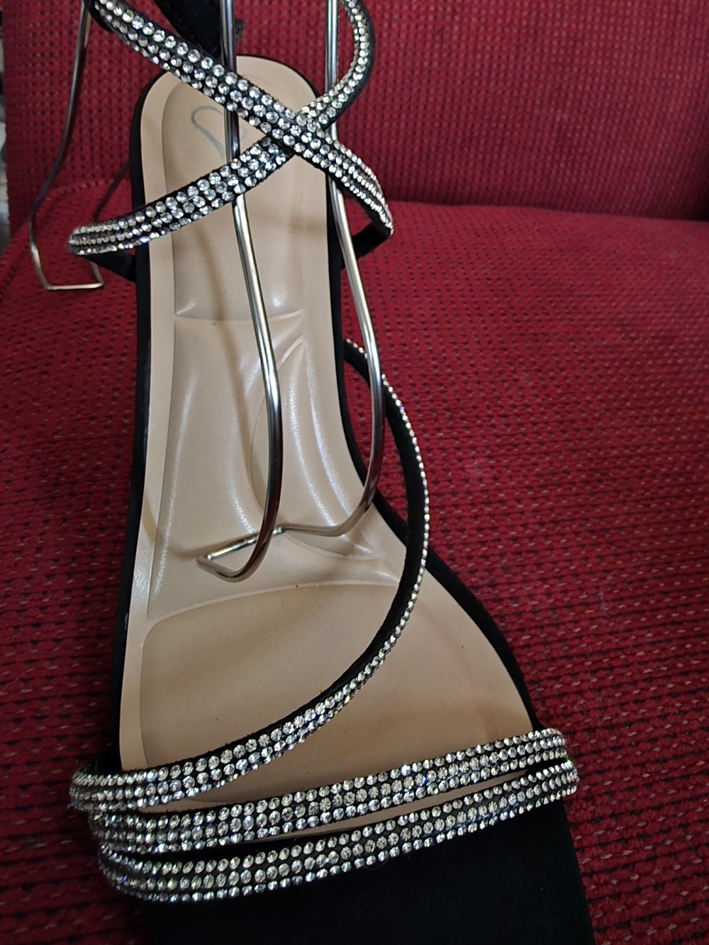 Black Crystal-Embellished Strappy Heels